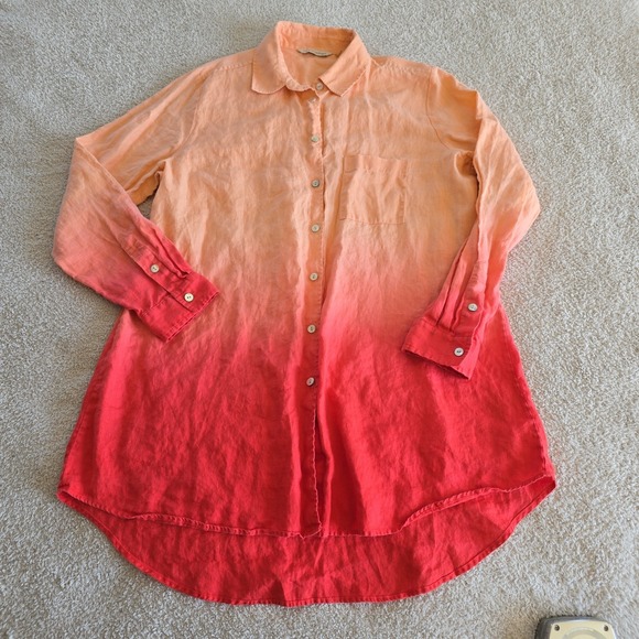 Soft Surroundings Tops - Soft Surroundings 100% Linen Ombre Top Shirt Long Sleeve High Low Hem L Peach